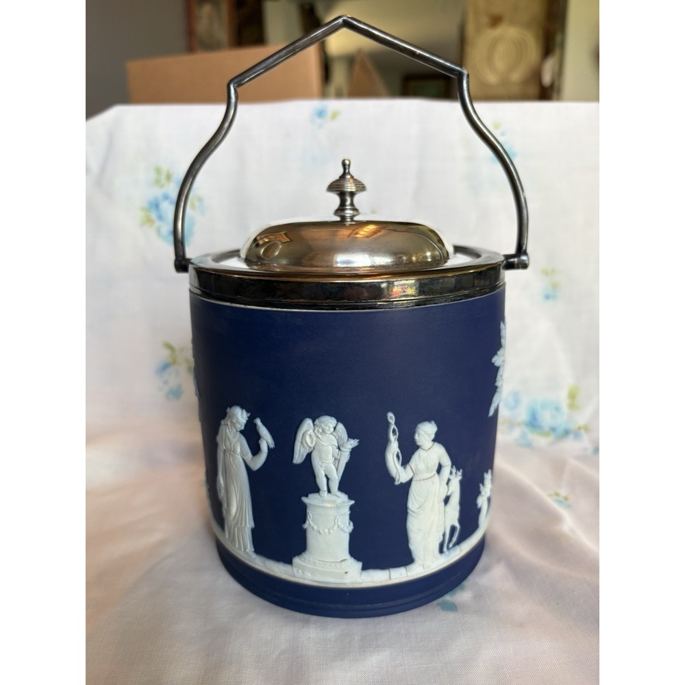 Vintage Wedgwood Blue Jasperware Biscuit Barrel w/ Lid Sacrifice to Cupid